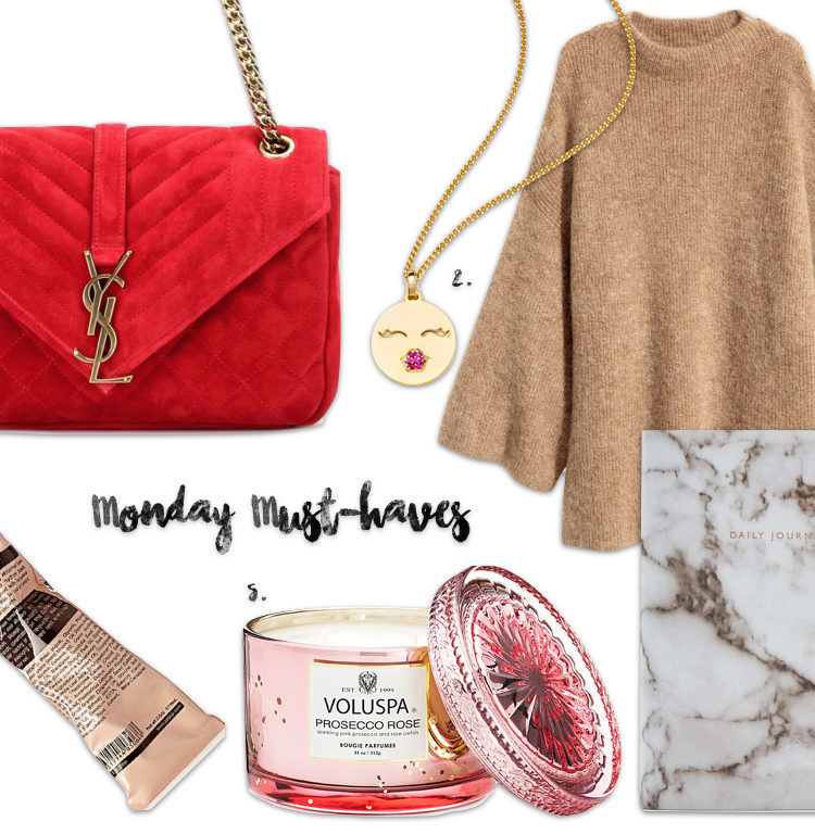 Monday Must-haves Maison Pazi Saint Laurent Bag, Aesop Hand Balm, Voluspa Prosecco, socosi Ketten, H&M Turtleneck Pullover, Daily Planer Urban Outfitters