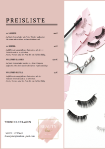 Wimpernverlängerung in Schwabach bei Nürnberg, Preisliste Beauty Bar by Pazi, Lassies Schwabach, Hyaluron Unterspritzung Nürnberg